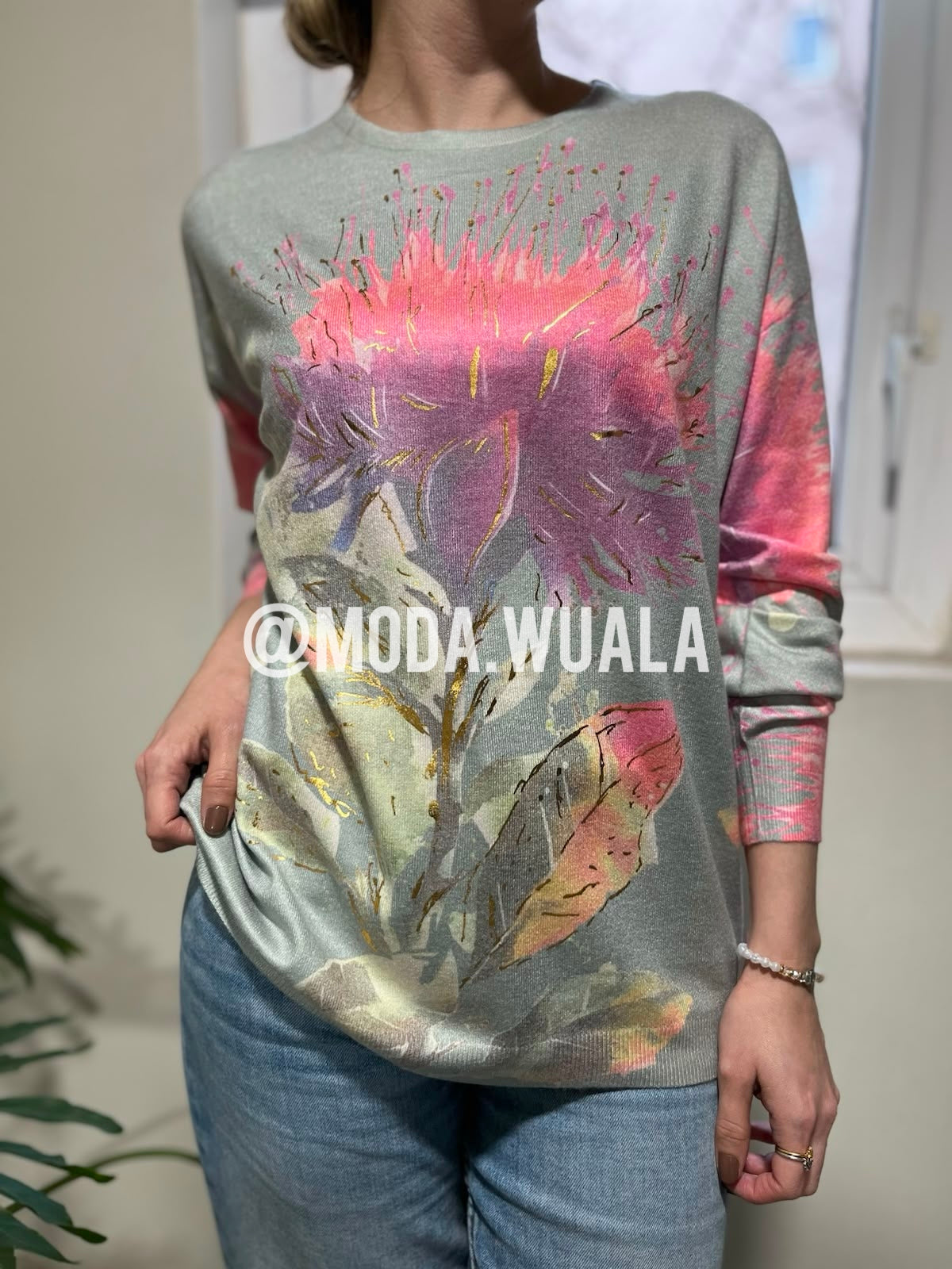 sweater algodon flor destello blanco