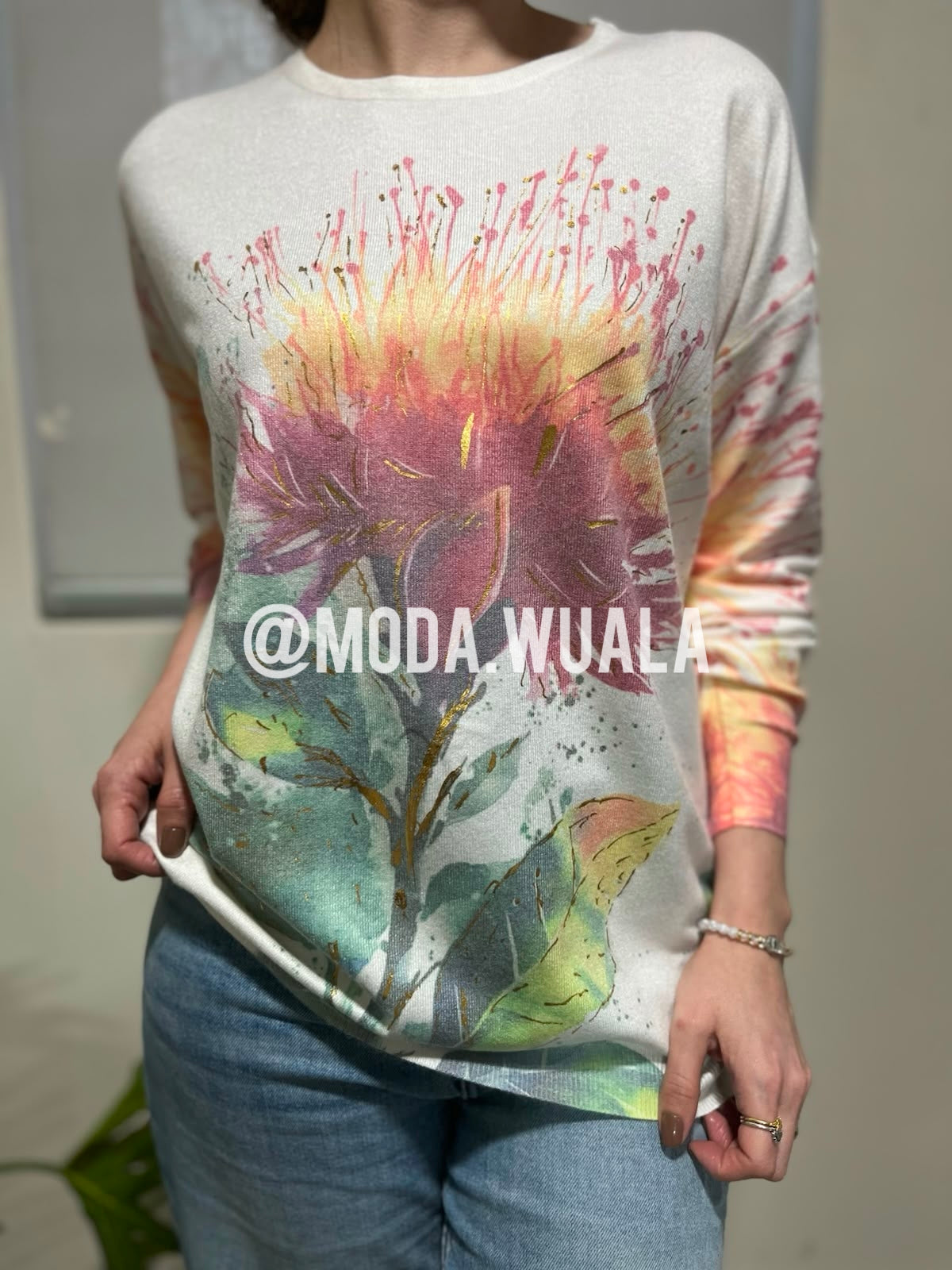 sweater algodon flor destello verde